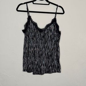 NWT H&M Black/Silver Metallic Tiger Striped Cami Tank With Black Lace Trim